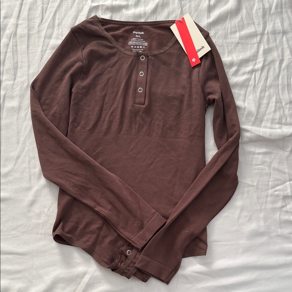 PopiLush Rich Brown Henley Long Bodysuit